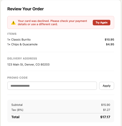 The declined-checkout screen