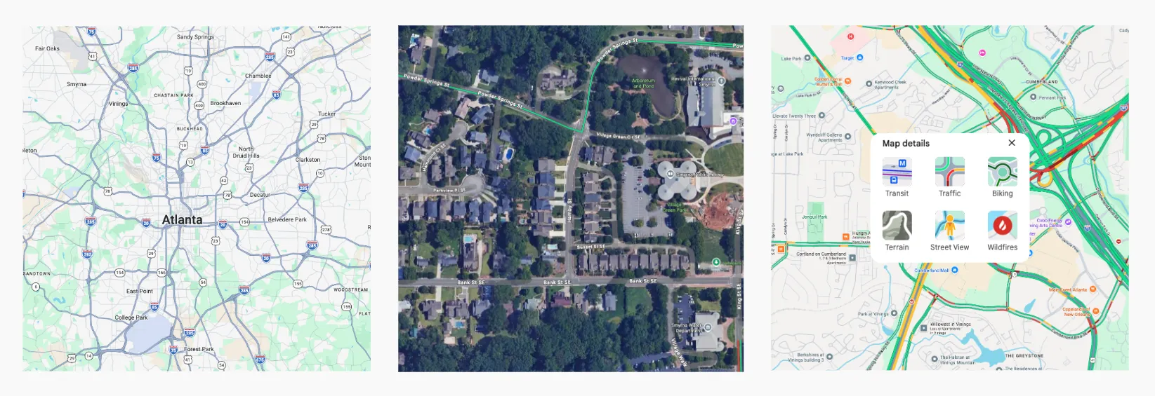 Google Maps at three levels of detail: a city map, a street-level satellite view, and the traffic layer