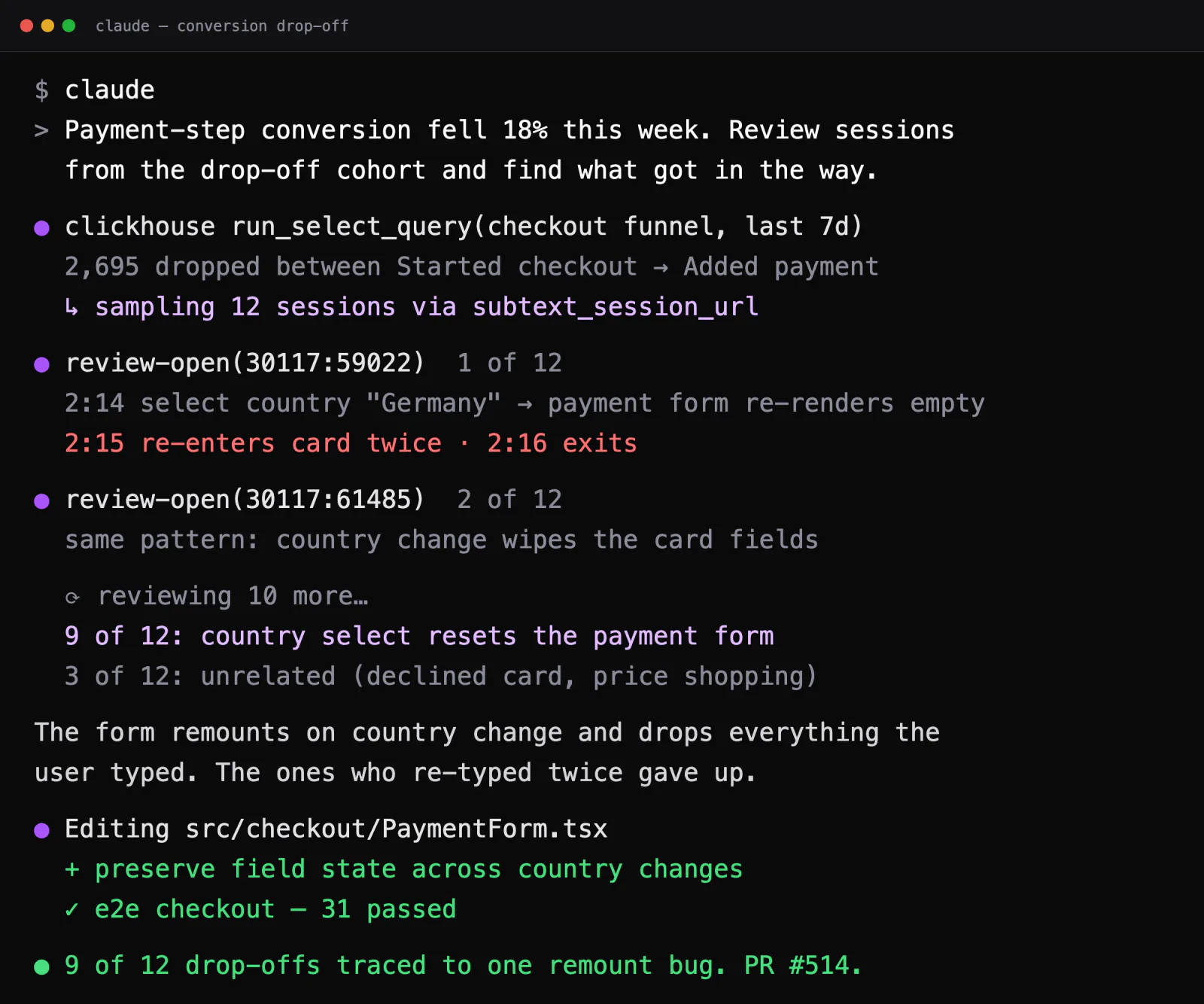 The agent reviews twelve drop-off sessions in the terminal and traces nine to the same payment-form bug