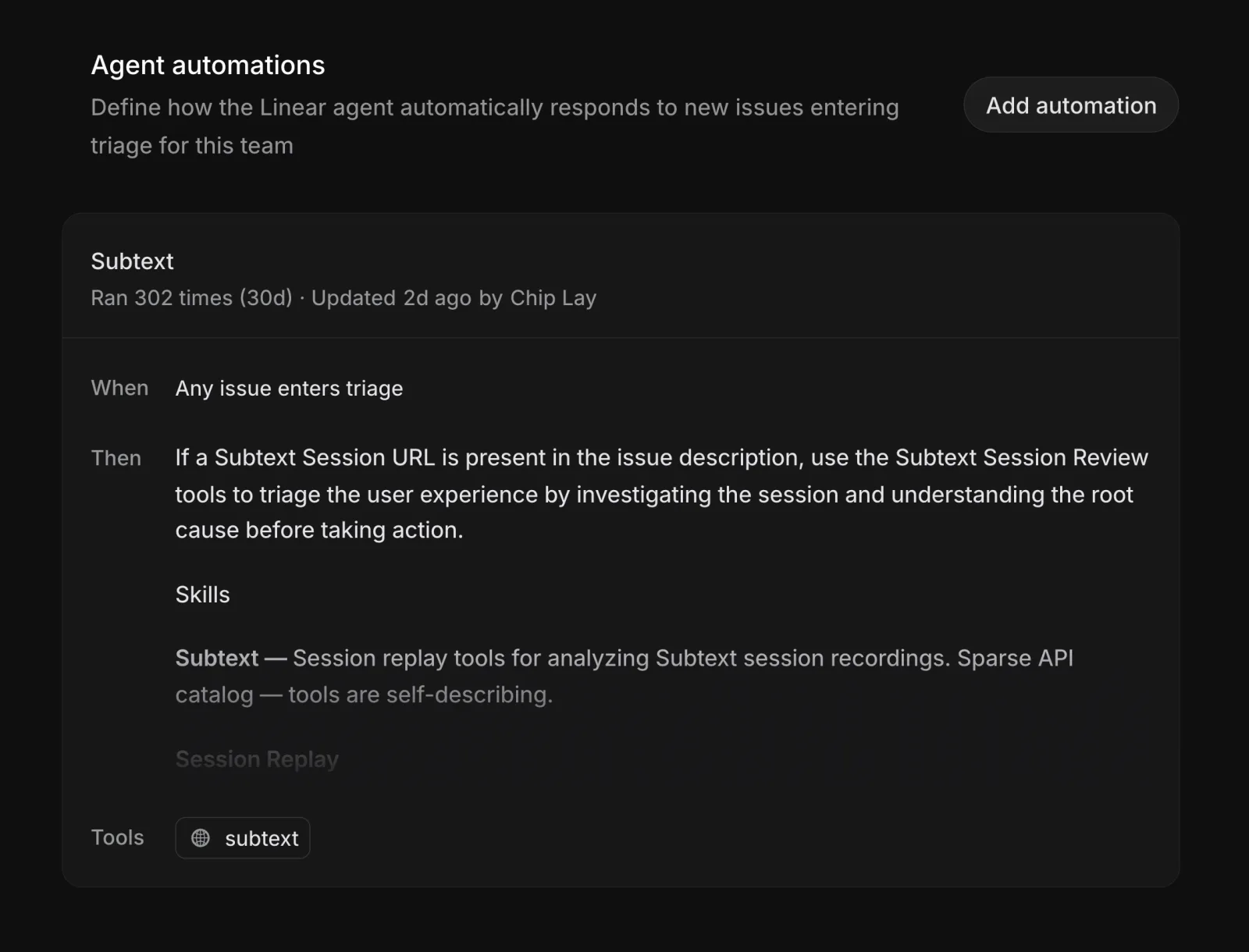 The Linear agent-automation config: any issue entering triage runs the Subtext session-review tools