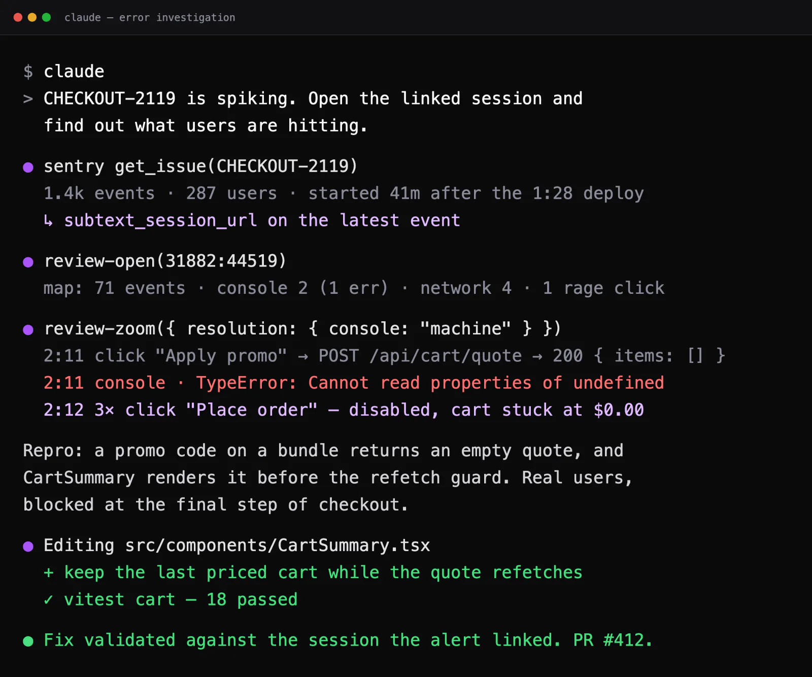 The agent opens the linked session in the terminal, builds the repro steps, and validates the fix